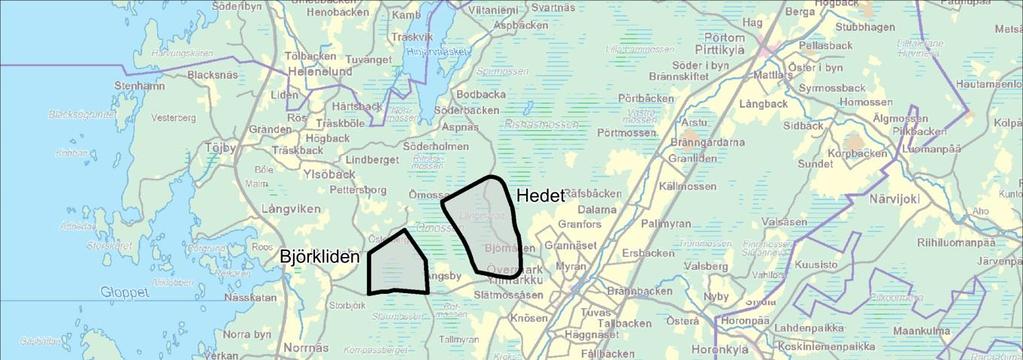 MILJÖKONSEKVENSBESKRIVNING 11 / 234 3.1.2 Projektets läge och markanvändningsbehov Projektområdet Hedet-Björkliden ligger norr om Närpes centrum, i skogsområdet mellan Övermark och Rangsby.