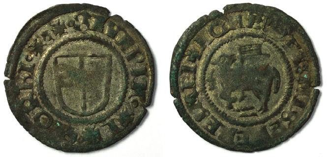 Hans (1493-1513). Myntet hittades i dörröppningen till källaren I i huvudborgen (HY 422:11).