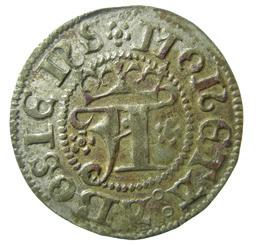 Fig. 2. Gustav I (1523 1560). Åbo, örtug (LL 7 [under Sten Sture d.ä.]. Statsrådet Mauritz Hallbergs myntsamling, Österbottens museum, Vasa.