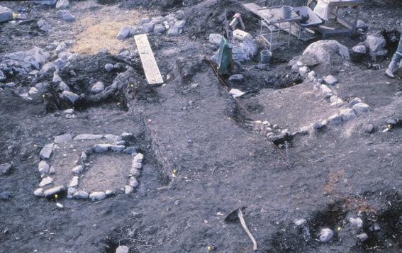 Fynd: malsten/löpare av granit (Fnr 13253), järnyxa (Fnr 13177), dubbelhelkammar, järnföremål och föremål av kopparlegering, kniv, brynen, mycket lerklining, allmänt äldre svartgods, AII, AIV och