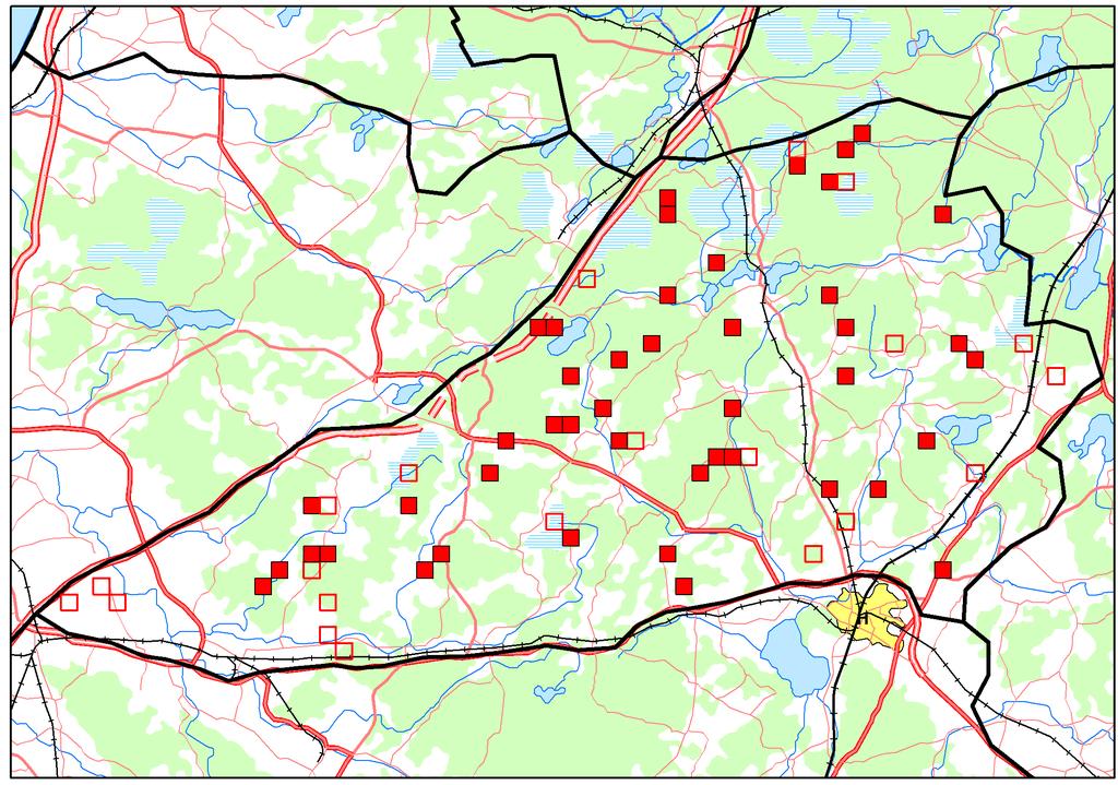 De fyllda rutorna innehåller bestånd som har inventerats. De ofyllda rutorna ingår i urvalet men inga bestånd som uppfyller äbinkriterierna har hittats.