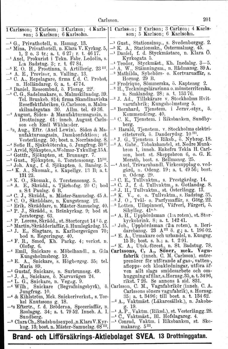 Carlsson. 201 1 Carlsson; 2 Carlson; 3 Carlzon; 4 Karls lcarissujl;2carison;3carlzon;4 Karls ~on; 5 Karlson; 6 Karlsohn. son; 5 Karlson; _. 6 Karlsohn. _1 G., Privathotell, n. Harring. 13. _1 Gust.