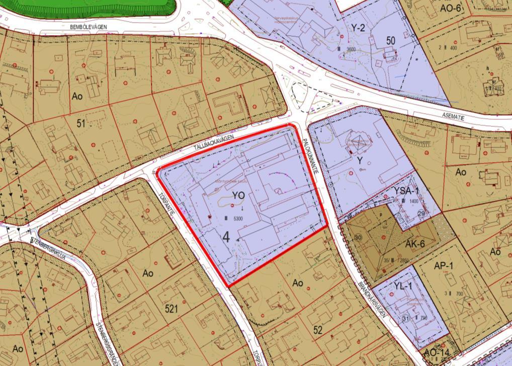 3 1. PLANOMRÅDE OCH UTGÅNGSLÄGE 1.1. Planområde 1.2. Planeringsläget Planområdet omfattar tomt 2 i kvarter 52 i 4:e stadsdelen, på adressen Tallbackavägen 2. Områdets areal är 13 298 m 2.