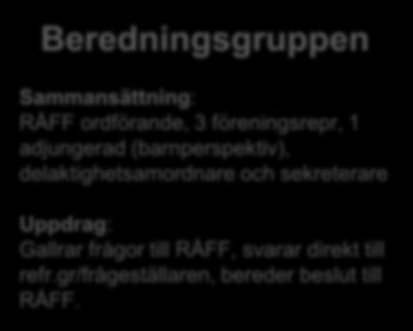 Väljer föreningsrepresentanter till RÅFF och TGG Beredningsgruppen Sammansättning: 2-4 v RÅFF ordförande, 3 föreningsrepr, 1 adjungerad (barnperspektiv), 2-4 v