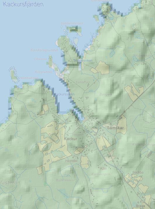 Bild 10. Kackur-Sämskar områdets landskapsstruktur. Trädbeståndet är illustrerat med grön färg, åkermark med gult, bebyggd miljö och vägar med grått samt havet med blått.