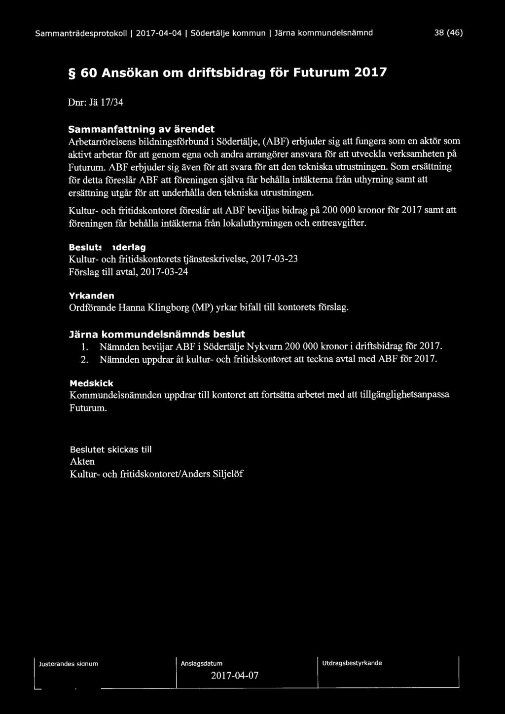 Sammanträdesprotokoll l 2017-04-04 1 Södertälje kommun 1 Järna kommundelsnämnd 38 (46) 60 Ansökan om driftsbidrag för Futurum 2017 Dnr: J ä 17/34 Sammanfattning av ärendet Arbetarrörelsens
