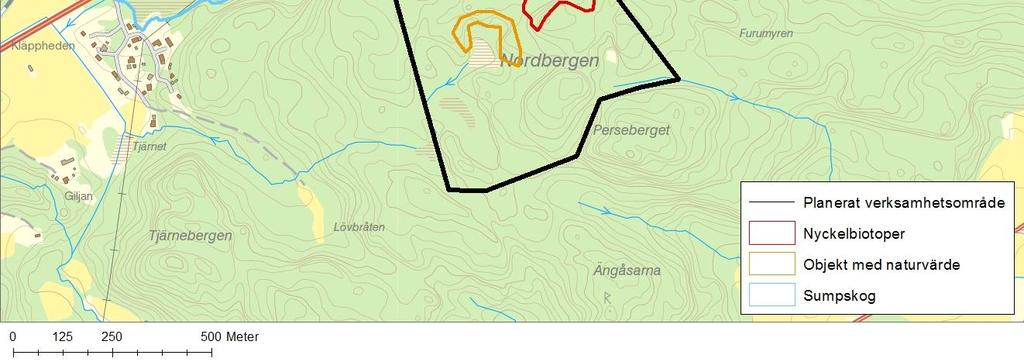 Nyckelbiotoper är skogsområden med höga naturvärden, utsedda av Skogsstyrelsen, medan objekt med naturvärden är områden som inte uppfyller nyckelbiotopskraven men ändå anses viktiga för den