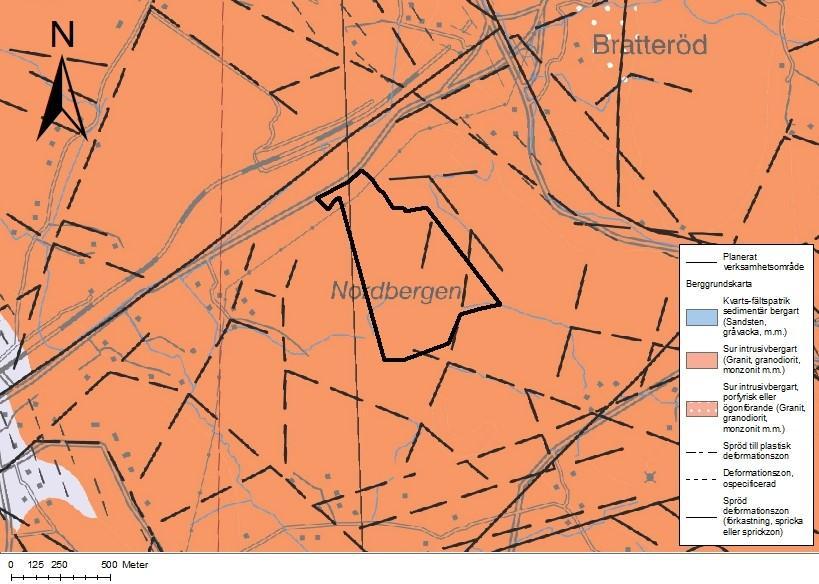 området förekommer två huvudbergarter, grovkornig rosa granit-pegmatit och folierad medelkornig granitisk gnejs.