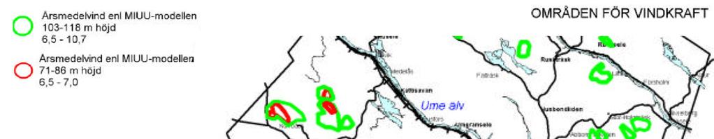 Figur 3: Utpekade vindkraftområden enligt Lycksele kommuns tillägg till översiktsplan gällande vindkraft. 5 Delområden inom aktuellt etableringsområde visas med grön pil.