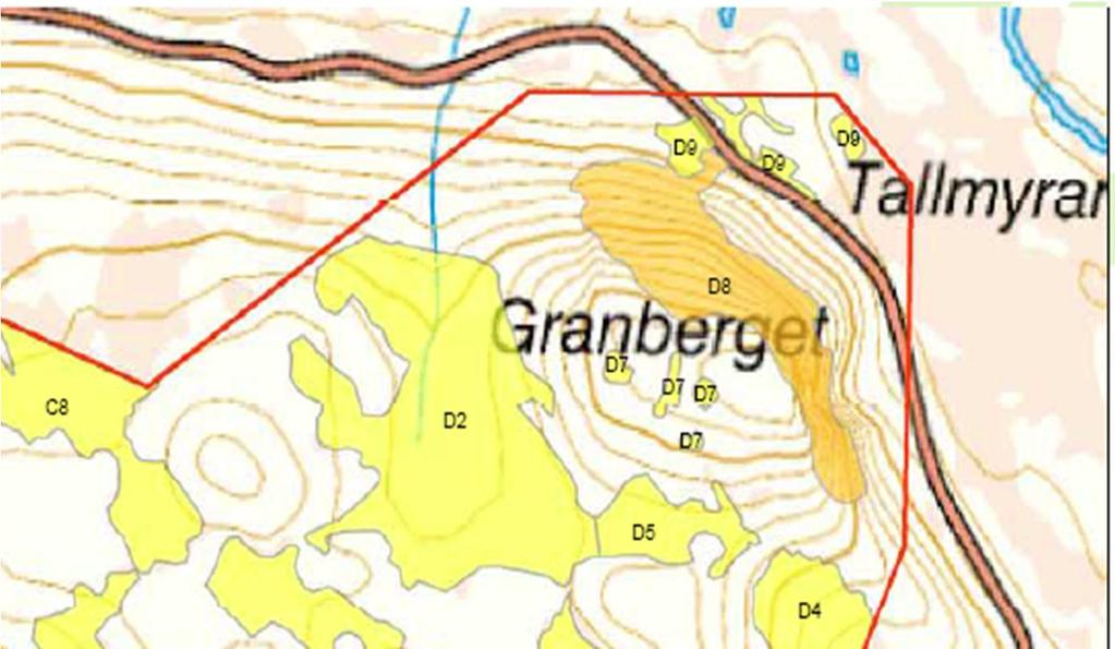 Figur 9: Kartan visar resultatet från naturinventeringen av de östra delarna av delområdet Fjällberg.