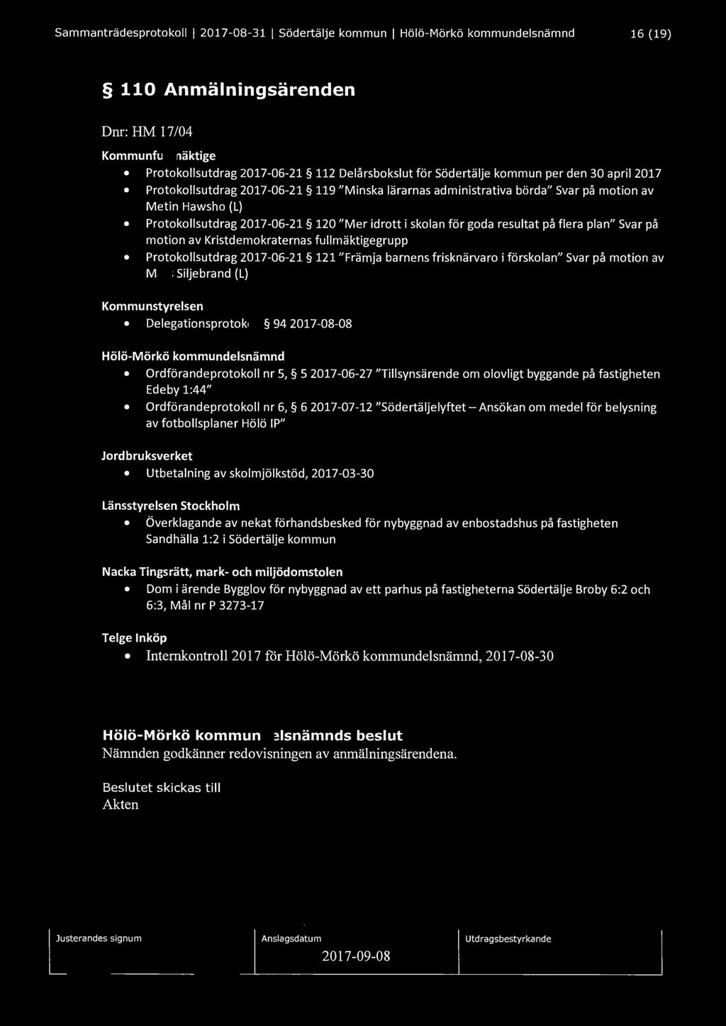 Sammanträdesprotokoll I 2017-08-31 I Södertälje kommun I Hölö-Mörkö kommundelsnämnd 16 (19) 110 Anmälningsärenden Dnr: HM 17/04 Kommunfullmäktige Protokollsutdrag 2017-06-21 112 Delårsbokslut för