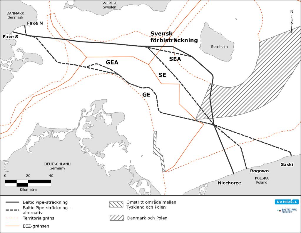 Figur 5-1 Sträckningsalternativ genom den tyska ekonomiska zonen och svenska ekonomiska zonen tillsammans med polska och danska landföringar (Ramboll, 2018h). Förkortningarna förklaras i texten.