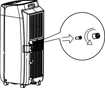 drift av apparaten. INSTALLATION AV DRÄNERINGSSLANGEN 1. Ta bort gummiproppen på enhetens baksida (1). 3.