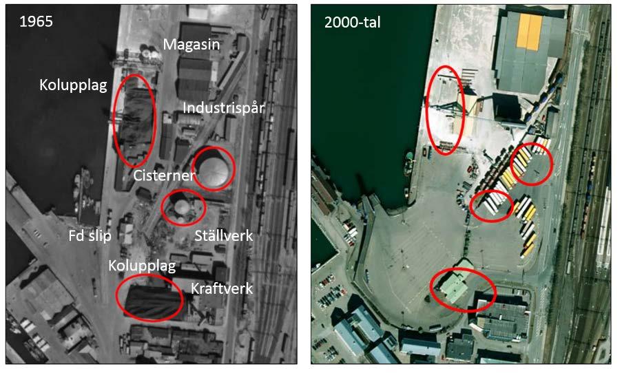 DP1 Västerport Sid 5 (10) 1318-233 Figur 1. Vänster: Flygfoto från 1965. Cistern och kolupplag är inringade (ÅF 2014). Höger: Motsvarande platser markerade på en modern flygbild.