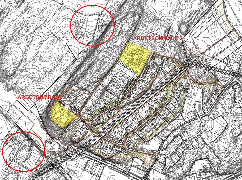 Bullerkällor och förutsättningar Arbetsområden Utredningen innefattar beräkningar för de två mest kritiska arbetsområdena inom byggplatsen/planområdet.