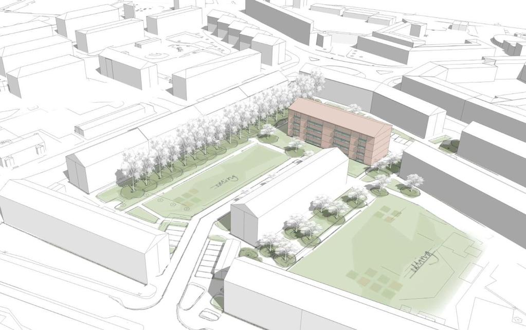 Skiss för norra området längs Gamlestadsvägen (Tengbom 2015). Skiss för södra området vid Brettegatan (Tengbom 2015).