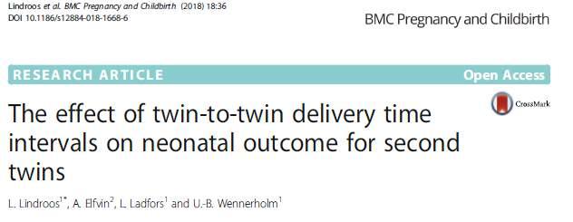 Retrospektiv observationsstudie, 527 tvillingar v32+0, Tv1 förlöst vaginalt Fråga: Hur påverkas Tv2 av tiden mellan Tv1 o