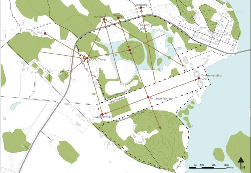 Fotografi längs med Ekerövägen västerut med den engelska parken till vänster i bild och Hemmet till höger.