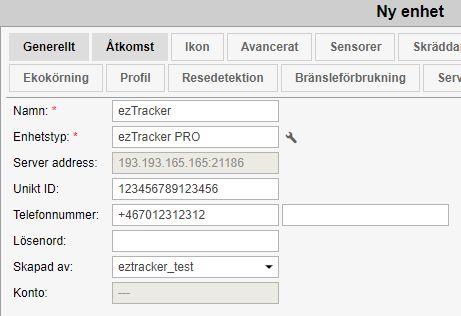 3. Nu öppnas en ruta där man behöver fylla i information om sin tracker för att tillåta åtkomst till servern. Obs: Endast exemplar på rutan, fyll ej i uppgifterna ovan.