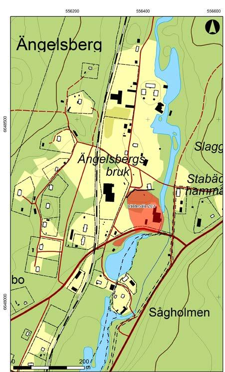 Figur 2. Ängelsberg med fornlämningsområdet Västervåla 20:1 markerat.