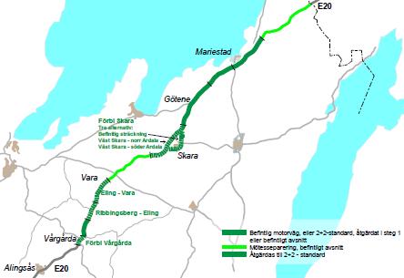 E20 Vårgårda-Vara, vva_014 Infoga diagram, figur eller bild här 1. Beskrivning av åtgärden Nuläge och brister: Väg E20 är en viktig kommunikationsled som ingår i det nationella stamvägnätet.