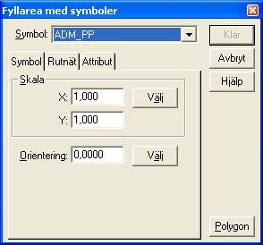 Konstruera Fyll area (med symbol ) Konstruera Fyll area Snabbkommando F Fyll area är ett kommando som fyller ytor med valfri symbol.