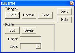 Tillägg Redigera terrängmodell Terrängmodell DTM Redigera DTM Snabbkommando Shift + D Gör så här för att redigera terrängmodell: 1. Öppna terrängmodellen. (Arkiv Öppna Filformat - DTM) 2.