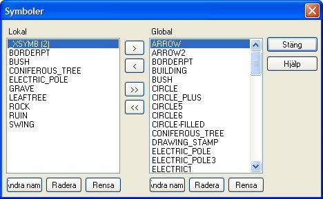 Ritningsmenyn Symboler Ritning Symboler Under de lokala/globala symbolerna kan du placera symboler från ritningen till den globala filen eller vice versa.