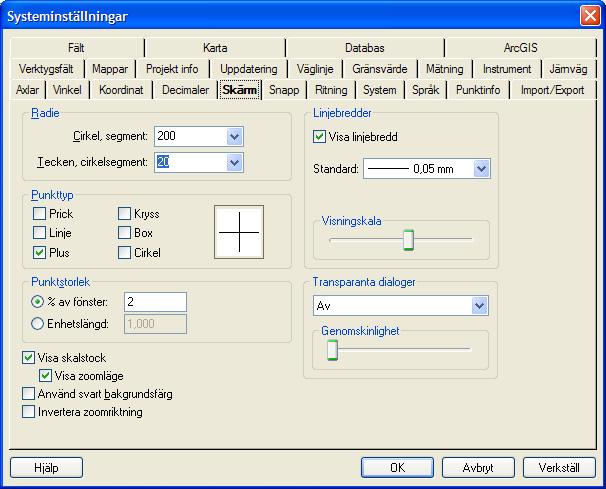 Inställningar Skärm Arkiv Inställningar Systeminställningar - Skärm Under skärm ställer du dels in hur ritade vinklar ritas ut på skärmen och hur enstaka punkter markeras.