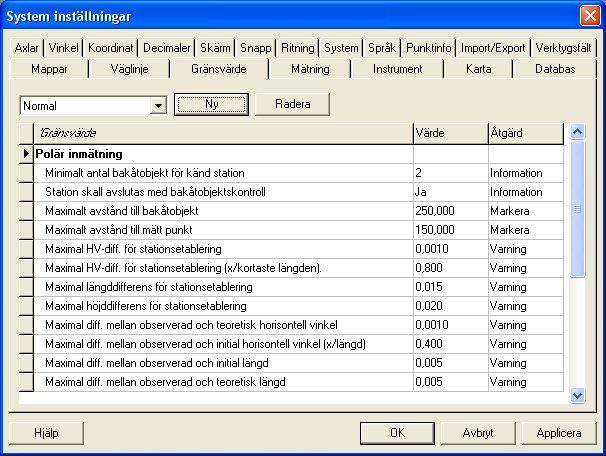 Topocad manual 10 Gränsvärden Arkiv Inställningar Systeminställningar - Gränsvärde Arkiv Inställningar Projektinställningar - Gränsvärde Filer för olika gränsvärdesinställningar kan anges.