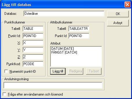 Topocad manual 10 Databas Ange namn på databasen. Punktkolumner Ange kolumnnamnet i databasen för punktinformationen.