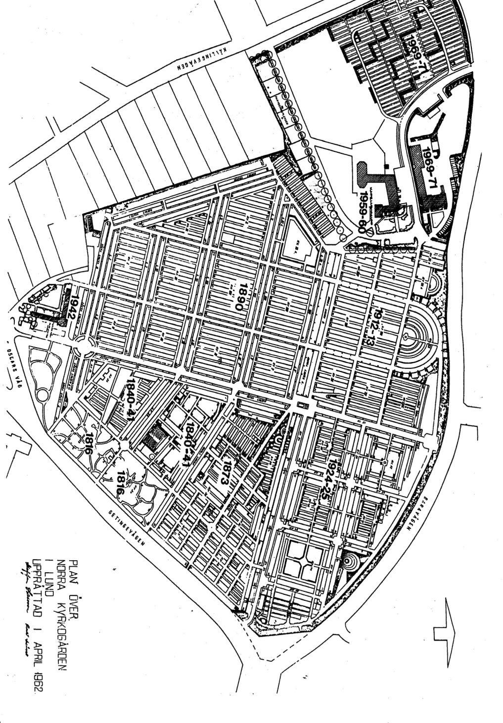 Karta över lindallén på Lunds norra kyrkogård Figur 2, karta över Lunds norra kyrkogård.