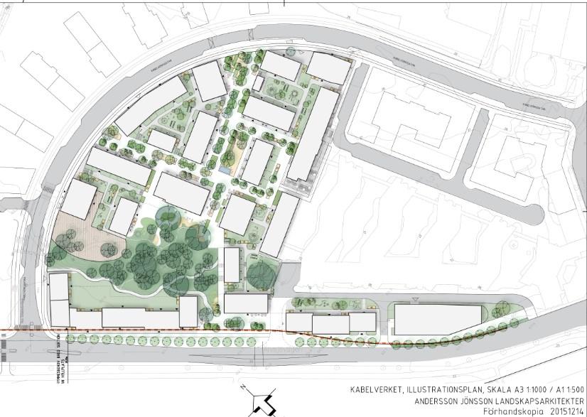 Sida 5 (11) Skissen ovan visar i stora drag etappens utformning. Av de markerade bostadsbyggrätterna ligger delar på stadens mark, vars tomtgräns skär genom kvarteren.