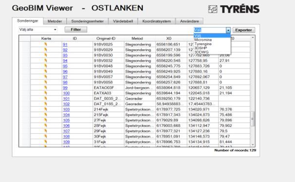 sonderingar, 11 markradar-profiler, 5 resisitivitets-profiler och 49 geologiska hällkarteringar, alla koordinatsatta, för vilka en fil direkt importerbar i det valda modelleringsverktyget skapas, se
