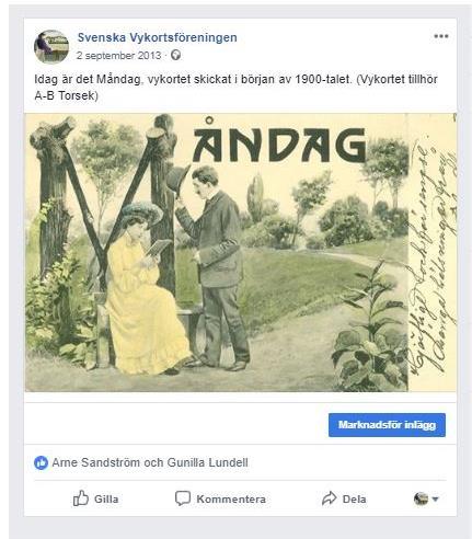 Första Facebook-inlägget på föreningens gjordes av Ann-Britt Torsek Första Facebook-inlägget på föreningens nyuppsatta Facebook-sida www.facebook.com/samlavykort kom den 2 september 2013.