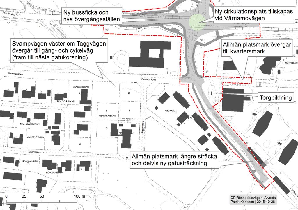 PLANFÖRSLAG GATOR OCH TRAFIK Gatunät, parkering och utfarter Gatukorsningen mellan Värnamovägen-Rönnedalsvägen -Odlingsvägen knyts samman i en ny cirkulationsplats.