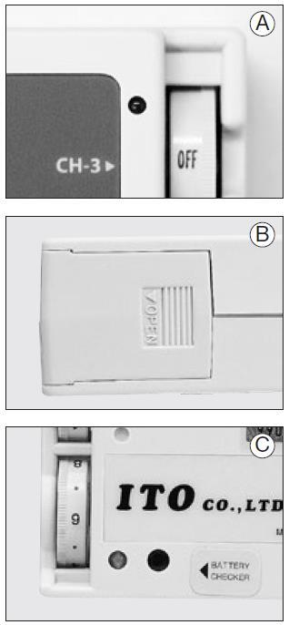 Batteri ISÄTTNING OCH BYTE AV BATTERI 1. Vrid alla reglage som styr uteffekten till noll (se A). 2. Öppna batteriluckan (se B). 3. Sätt i batteriet i utrymmet och stäng luckan (se B).