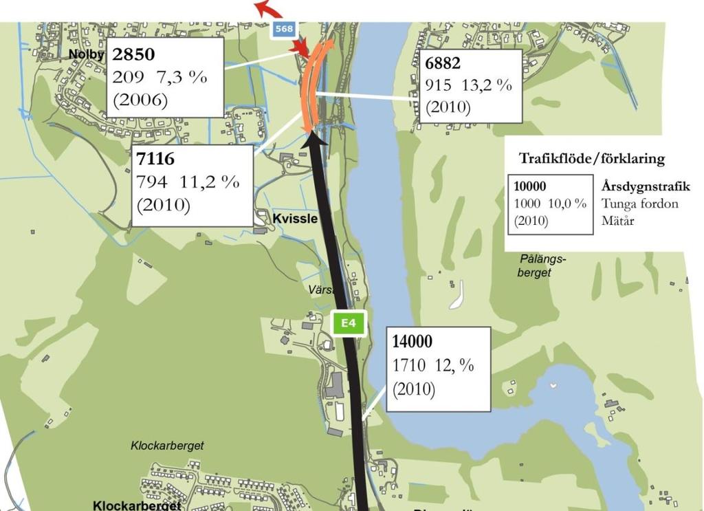 Figur 3. Grafisk illustration över ÅDT (Årsmedeldygnstrafik) för nuvarande E4:a, samt anslutande vägar.