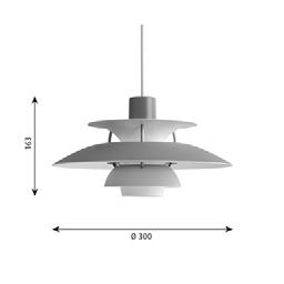 PH 5 Mini Pendlar Design: Poul Henningsen Koncept: Armaturen ger ett 100 % bländfritt ljus. Poul Henningsen utvecklade PH 5 under 1958 som en uppföljning till sitt hyllade treskärmssystem.