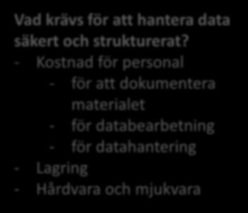 Administrativa uppgifter Juridik och etik Insamling/produktion av data Dokumentation och metadata Datahantering under projektet Kostnader Långtidsbevarande och arkivering Tillgängliggörande av