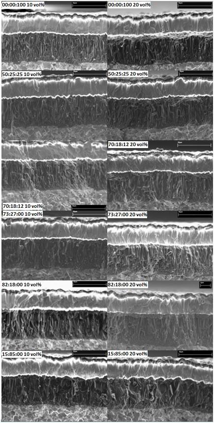 Figure 5: Fracture surfaces of the coatings on the Co-reference and the five alternative binder phases (Fe:Ni:Co in wt%) with different amounts of binder phase.
