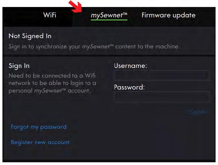 Tryck på informationsikonen om du vill visa informationsområdet igen. 1. Signalstyrka trådlöst nätverk 2. mysewnet cloud 3. Rekommendationer 4. Information 5.