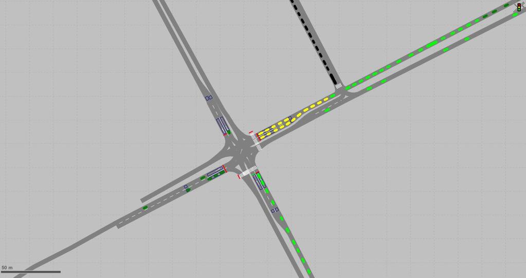 Figur 11. Ögonblicksbild från simuleringen av signalreglerad korsning (B1).