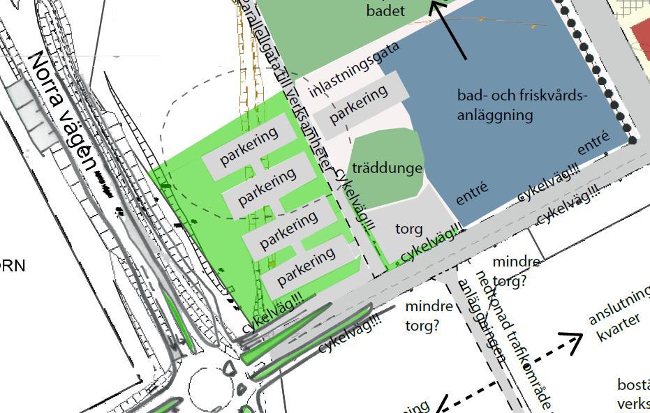 5. Parkering Bad- och friskvårdsanläggningen har enligt Kalmar kommun behov för 190 bilparkeringsplatser som enligt en kommunens skisser placeras på ytan mellan Norra vägen och verksamhetsgatan om
