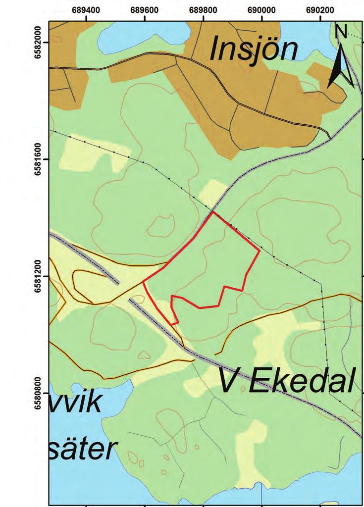 Figur 2. Utredningsområdet i rött, markerat på digitala Terrängkartan. Skala 1:10 000.