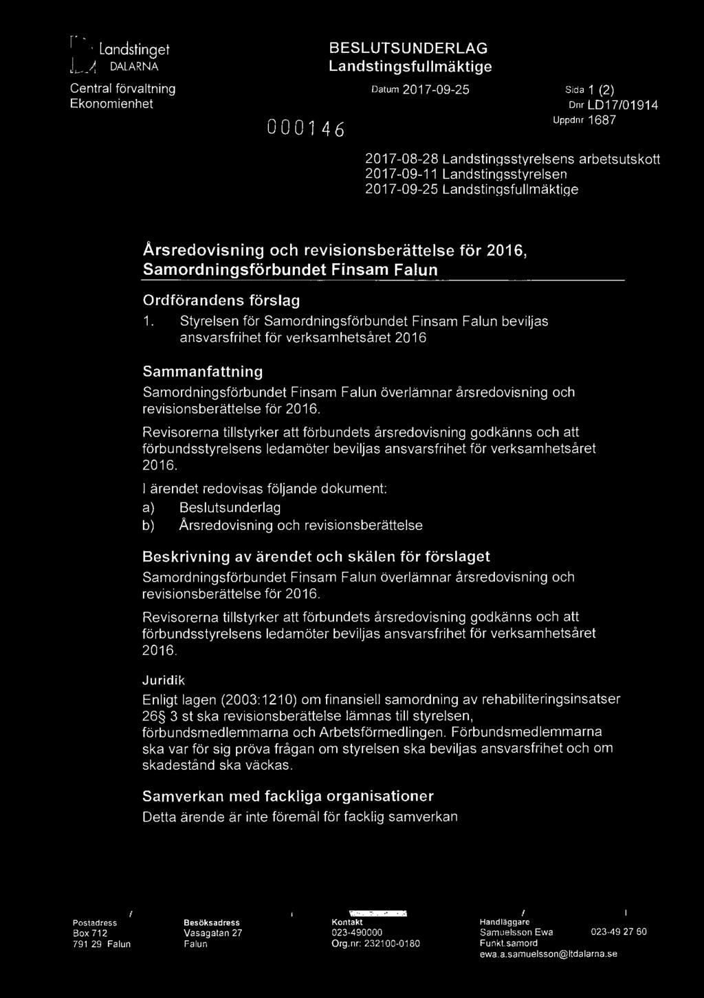 I llj ~ Landstinget DALARNA Central förvaltning Ekonomienhet 000 146 BESLUTSUNDERLAG Landstingsfullmäktige Datum 2017-09-25 Sida 1 (2) Dnr LD17 /01914 Uppdnr 1687 2017-08-28 LandstinQsstyrelsens