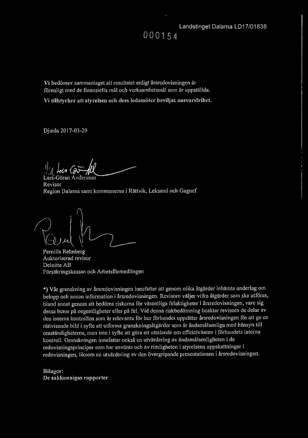 Lars-Göran Andersson Revisor Region Dalarna samt kommunerna i Rättvik, Leksand och Gagnef Pernilla Rebnberg Auktoriserad revisor Deloitte AB Försäkringskassan och Arbetsförmedlingen *)Vår granskning