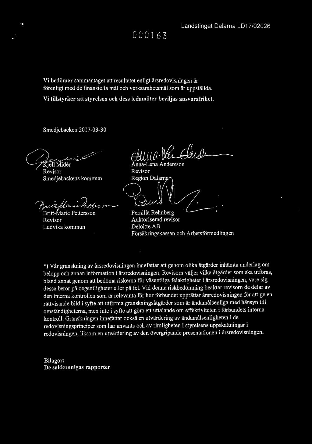 .~~ Britt-Marle P~ttersson Revisor Ludvika kommun Pernilla Rehnberg Auktoriserad revisor DeloitteAB Försäkringskassan och Arbetsfönnedlingen *)Vår granskning av årsredovisningen innefattar att genom
