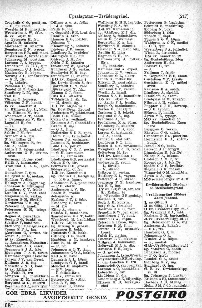 GOR.EDRA LIKVIDER AVGIFTSFRITT 68* Upsalagatan-c-U rvädersgränd., Trägärdh C G" posttj:m. Dillner A o. A, frökn. Wallberg K H B, Iag.bitr, Pettersson G, bank,tj:m. - H, fil kand. ~ J A, tj:m.