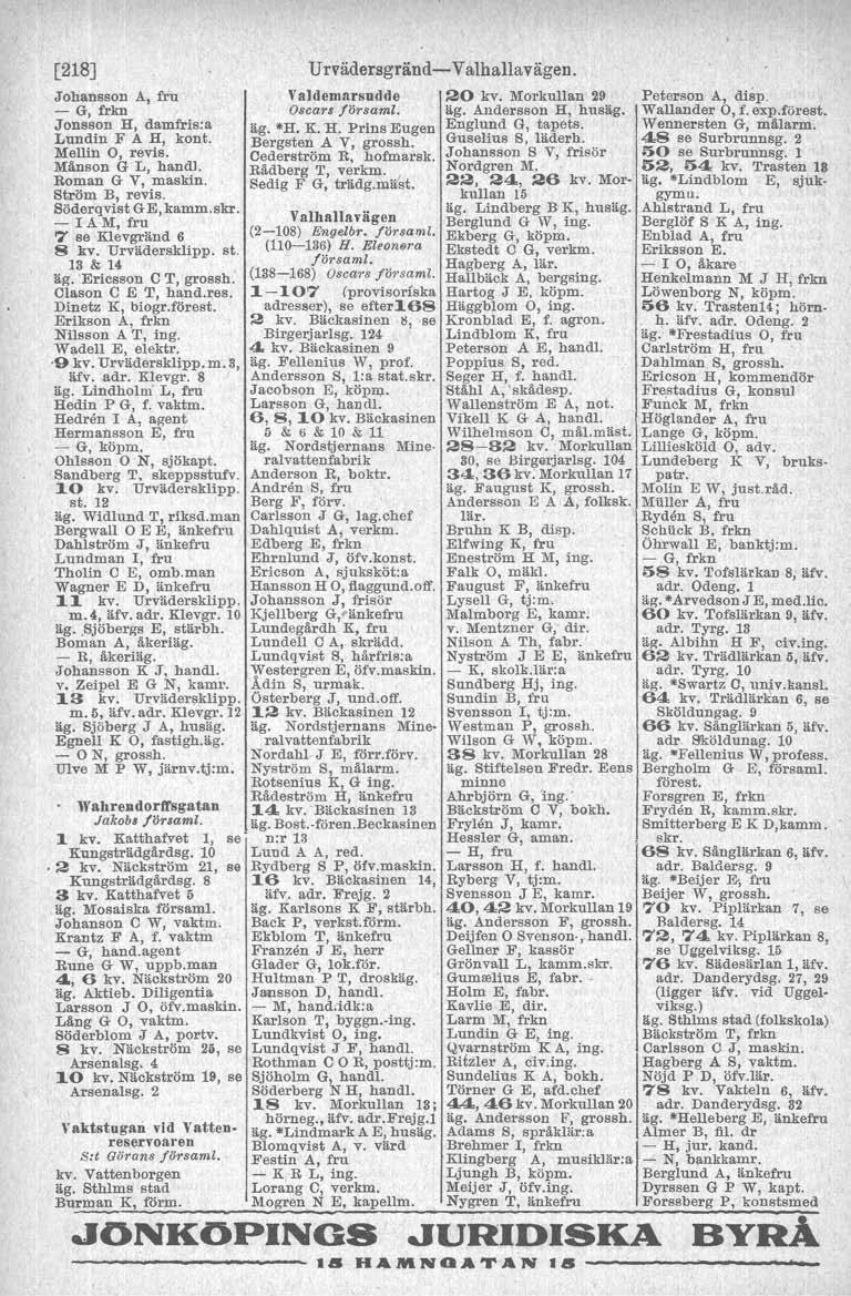 [218] Johansson A, fru - G, frlm Jonsson H, damfris:a Lundin F A H, kont. Mellin 0, revis. Mänson G L, handj. Roman G V, maskin. Ström B, revis. Söderqvist GE, kamm.skr.